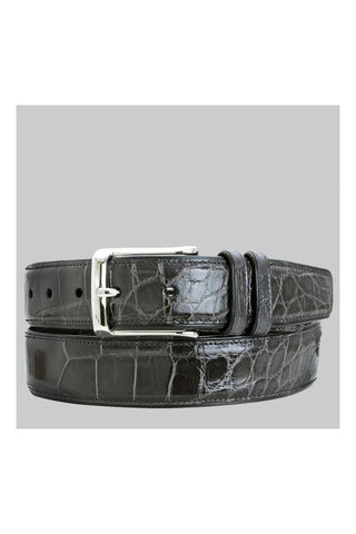 Gray Mezlan alligator skin belt with a polished silver buckle and full-grain leather backing.