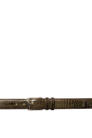 Olive green genuine alligator skin belt with a polished silver buckle, handcrafted in Spain for a refined look.