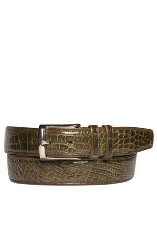 Olive green genuine alligator skin belt with a polished silver buckle, handcrafted in Spain for a refined look.