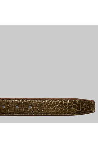 Olive green genuine alligator skin belt with a smooth brown leather backing and minimalist design.