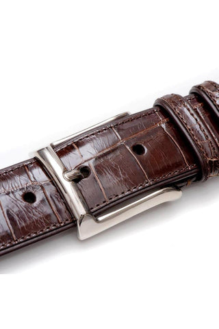 Brown Mezlan alligator skin belt with a polished silver buckle and durable leather backing.