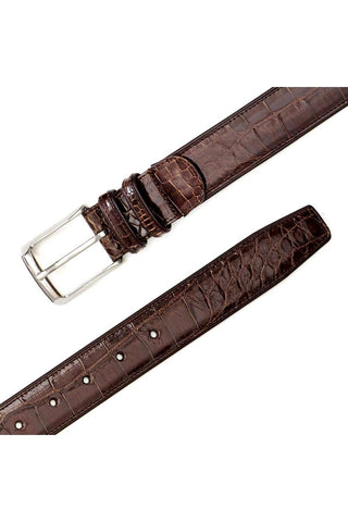 Brown Mezlan alligator skin belt with a polished silver buckle and full-grain leather backing.