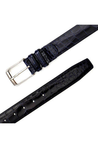 Mezlan blue alligator skin belt with a polished silver buckle and full-grain leather backing.
