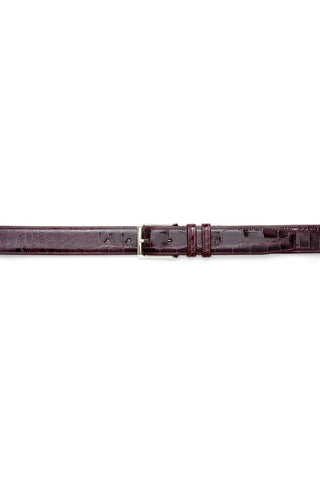 Burgundy Mezlan alligator skin belt featuring a polished silver buckle and premium leather backing.