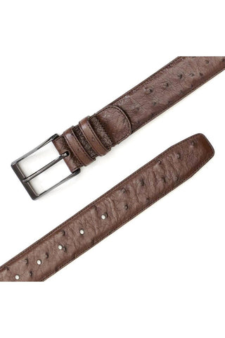 Brown Mezlan ostrich skin belt with a sleek satin platinum buckle.
