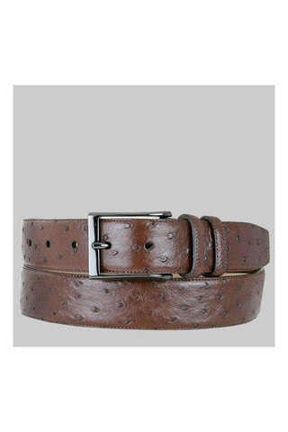 Brown genuine ostrich skin belt with a sleek satin platinum buckle, handmade in Spain by Mezlan.