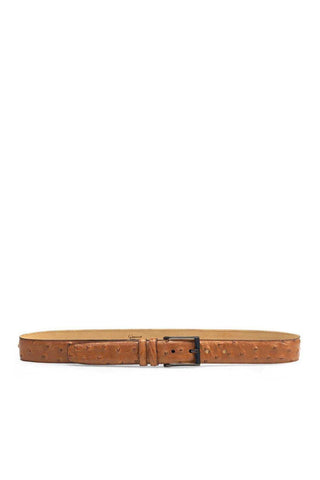 Brandy genuine ostrich skin belt with a sleek satin platinum buckle, handmade in Spain by Mezlan.