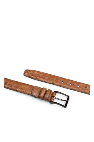 Mezlan brandy ostrich skin belt with a sleek satin platinum buckle, handmade in Spain for a refined look.