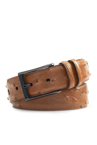 Mezlan brandy ostrich skin belt with a sleek satin platinum buckle, handmade in Spain for a refined look.