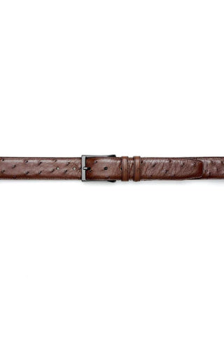 Brandy brown genuine ostrich skin belt with a sleek satin platinum buckle, handmade in Spain by Mezlan.