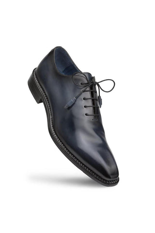 Mezlan Enterprise whole-cut oxford in polished navy calfskin leather with a sleek plain toe and contrast welt stitching.