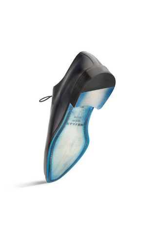 Mezlan Enterprise black calfskin whole-cut oxford with a distinctive blue-tinted leather sole.