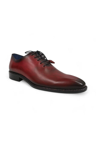 Burgundy Mezlan Enterprise whole-cut oxford in smooth calfskin leather with contrast stitching and a leather sole.