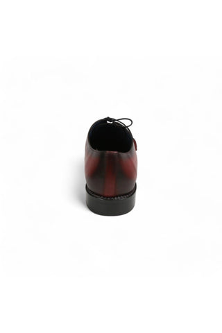 Burgundy calfskin leather Mezlan Enterprise whole-cut Oxford shoe, viewed from the back with a stacked heel.