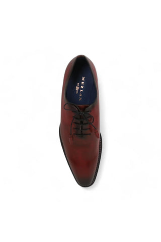 Top-down view of burgundy Mezlan Enterprise whole-cut calfskin leather oxford shoes with contrast stitching.