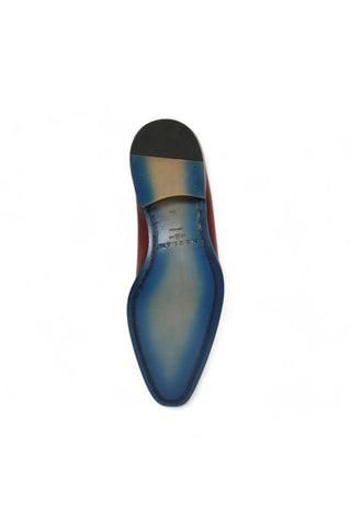 Bottom view of Mezlan Enterprise whole-cut oxford featuring a smooth blue leather sole and stacked heel.