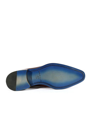 Blue leather sole of a Mezlan Enterprise whole-cut oxford shoe with a stacked heel and refined finish.