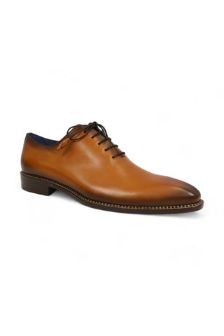 Cognac calfskin leather Mezlan Enterprise whole-cut Oxford with a sleek plain toe and contrast stitched welt.