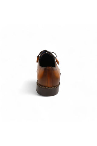 Back view of cognac Mezlan Enterprise whole-cut calfskin leather oxford with contrast welt stitching.