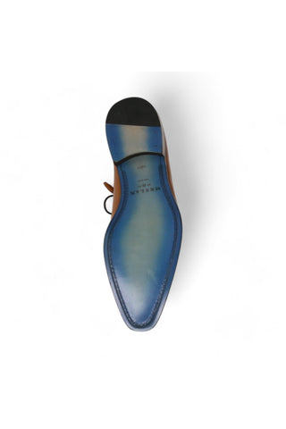 Bottom view of Mezlan Enterprise Oxford featuring a smooth blue leather sole and durable heel.