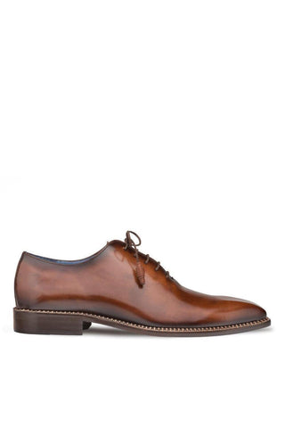 Cognac brown Mezlan Enterprise whole-cut oxford in smooth calfskin leather with contrast welt stitching.