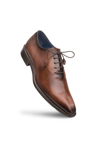 Cognac calfskin leather Mezlan Enterprise whole-cut Oxford with a sleek plain toe and contrast stitched welt.