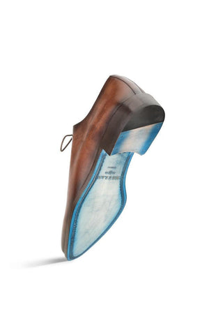 Brown leather Mezlan Enterprise whole-cut Oxford shoe with a distinctive blue leather sole.