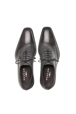 Mezlan Postdam men's oxford shoes in dark gray calfskin and deer leather with a classic cap-toe lace-up design.