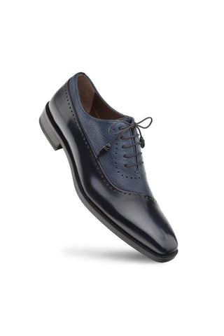 Mezlan Postdam blue leather and deer-skin oxford with classic brogue detailing and a polished finish.