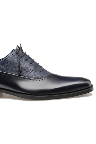 Blue Mezlan Postdam oxford featuring a mix of smooth calfskin and textured deer leather with classic brogue detailing.