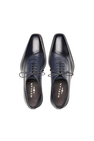 Mezlan Postdam blue and black leather oxford shoes with textured deer skin and smooth calfskin detailing.