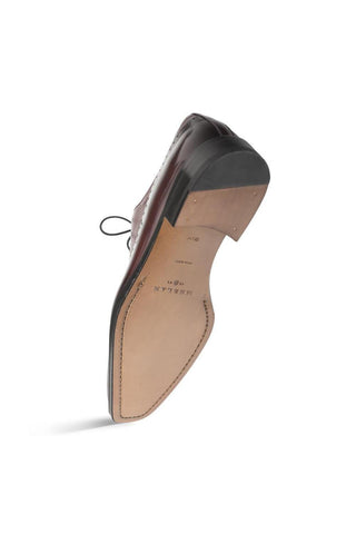 Burgundy Mezlan Postdam oxford shoe showing the smooth leather sole and handcrafted Spanish design.