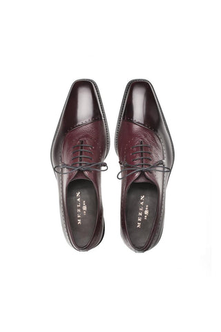 Burgundy Mezlan Postdam oxford shoes featuring a mix of smooth calfskin and textured deer leather.