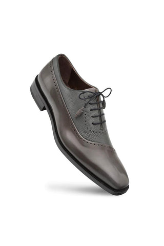 Gray Mezlan Postdam oxford featuring a mix of smooth calfskin and textured deer leather with classic brogue detailing.