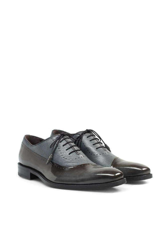 Mezlan Postdam men's oxford shoes in gray and brown calfskin and deer leather with a classic lace-up design.
