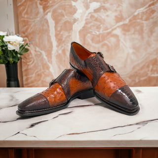 Mezlan SX4957-SP Men's Shoes Brown & Brandy Exotic Ostrich / Lizard Double Monk-Straps Loafers (MZ3679)-AmbrogioShoes