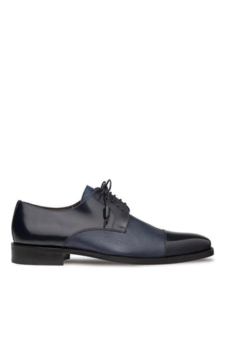 Blue Mezlan Soka derby shoe in mixed calf and deer leather with a sleek cap-toe design and lace-up closure.