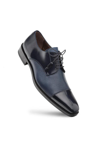 Blue Mezlan Soka derby shoe featuring a mix of smooth calfskin and textured deerskin leather with a classic lace-up design.