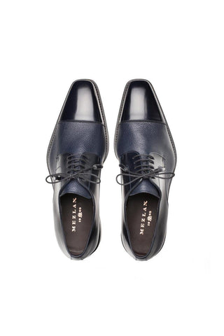 Mezlan Soka blue leather and deer-skin derby shoes with a sleek, handcrafted cap-toe design.