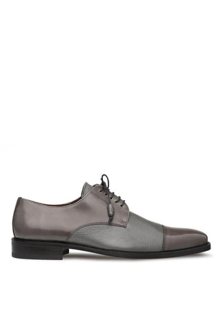Gray Mezlan Soka derby shoe crafted from premium calf and deer leather with a sleek cap-toe design and leather sole.