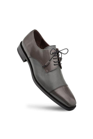 Mezlan Soka gray derby shoe in premium calf and deer leather with a sleek cap-toe design and lace-up closure.