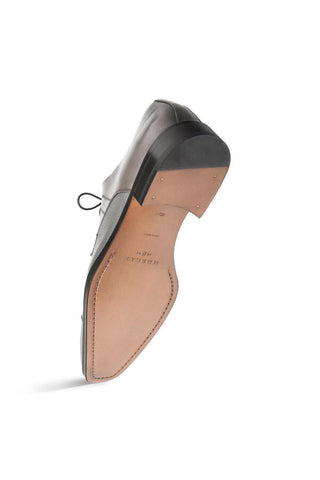 Mezlan Soka black calf and deer leather derby shoe showing the handcrafted leather sole and stacked heel.