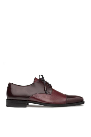 Burgundy Mezlan Soka derby shoe in premium calf and deer leather with a sleek cap-toe design and leather sole.