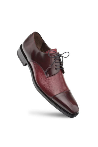 Burgundy Mezlan Soka derby shoe crafted from premium calf and deer leather with a sleek cap-toe design.