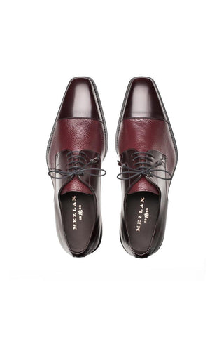Burgundy Mezlan Soka derby shoes featuring a mix of smooth calf-skin and textured deer-skin leather.