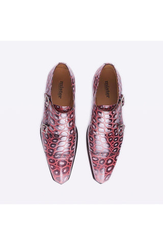 Burgundy crocodile-embossed leather monk-strap loafers with silver buckles and double leather soles.