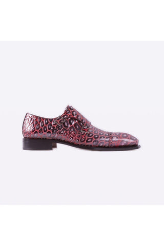 Burgundy crocodile-embossed leather monk-strap loafers with silver buckles and a double leather sole.