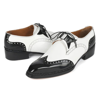 Paul Parkman 8505-BNW Men's Shoes Black & White Calf-Skin Leather Norwegian Welted Dress Wingtip Oxfords (PM6380)-AmbrogioShoes