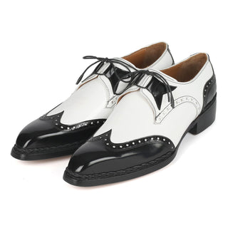 Paul Parkman 8505-BNW Men's Shoes Black & White Calf-Skin Leather Norwegian Welted Dress Wingtip Oxfords (PM6380)-AmbrogioShoes