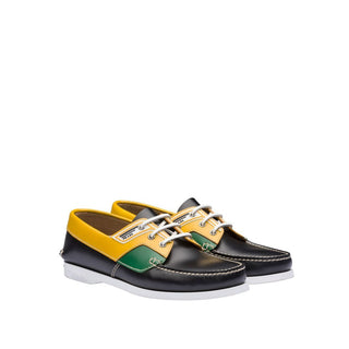 Prada 2EG270-X2O Men's Shoes Black, Green & Yellow Calf-Skin Leather Boat Moccasin Loafers (PRM1009)-AmbrogioShoes